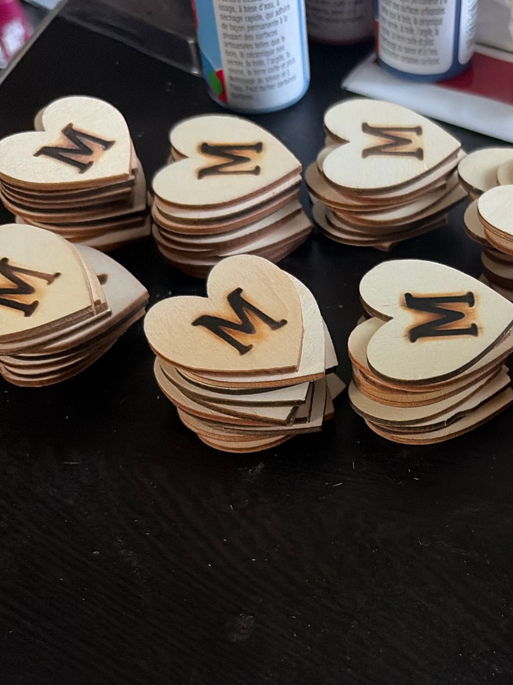 Wooden Heart Confetti with Burned Letter M - Natural